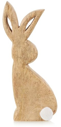 com-four® Deko-Hase aus Mangoholz, Holz-Osterhase zum Hinstellen | Aufsteller für Frühlings- und Osterdekoration - stilvolle Holzfigur mit Plüsch-Schwanz - elegantes Wohnaccessoire