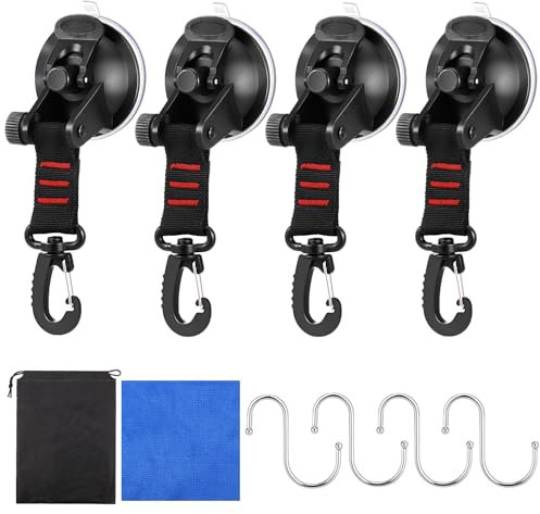 4Pcs Ventose con Gancio, Gancio a Ventosa con Gancio per Cinturino a D Ruotabile a 360°, Ganci a Ventosa Resistenti Vuoto con Gancio a S Incluso, Ganci per Tendalino Camper Auto Vetro Piastrella