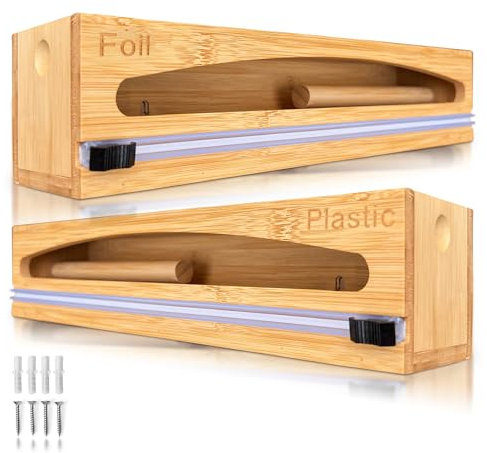 NovaNest Wrap Organizer Dispenser with Cutter, (2 Piece Set), Fits 12 Rolls, Plastic Wrap, Aluminum Foil, Wax Paper, Saran Wrap, Cling Wrap Holder for Kitchen Storage, Mountable, Bamboo