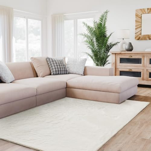Interiyou Fargo - Teppich Wohnzimmer 80x150 cm Creme - Kurzflor Waschbar und rutschfest - Flauschiger Fellteppich aus Kunstfell - weicher Langflor Fell