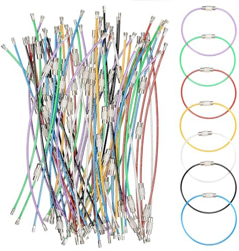 ZHENGYYUU 63 Pcs Wire Keychain Cable, Wire Keyrings Key Loops, Stainless Steel Cable Keyring Loops, Ring Hoops, Loop Rings for Luggage Tag Suitcase Tags ID Tag Keepers Keys, 5.9/7 Colors