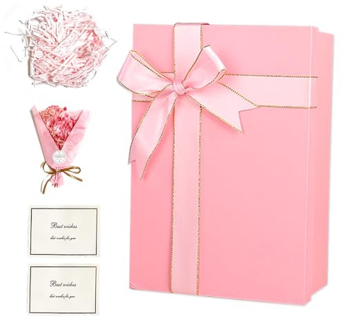 VINEST Geschenkbox mit Deckel, Geschenkbox Geburtstag Schick Geschenk Box, Geschenkkarton mit Kardiert ＆ Raffia, Geschenkverpackung Gift Box für Vatertag Muttertag Weihnachten (Rosa)