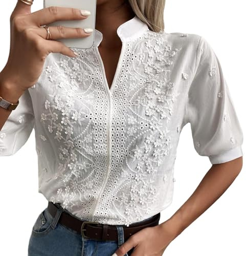 SHINROAD Damen-Bluse mit V-Ausschnitt, lässige Stickerei, florale Spitze, einfarbig, Pullover, Tops, Stehkragen, halbe Ärmel, entspannt, weiß, XXL