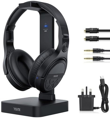 YGiTK Wireless Headphones for TV Watching with 2.4GHz RF Transmitter Charging Dock Rechargeable Stereo TV headphones Digital Optical AUX Input, Long Work Rang, No Delay, Compatible for most TVs