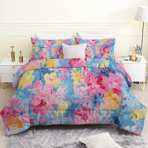 Piumino Letto Matrimoniale 4 Stagioni 240x260 cm, Floreale Colorato Reversibile Piumone Leggero 260x240 cm, Blu Coperta Trapunta in Microfibra con 2 Federe, Lavabile in Lavatrice