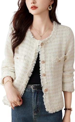 Rétro Femmes Tweed Manteau col Rond élégant Slim Veste Courte Version coréenne de la Mode lâche Affaires Veste décontractée