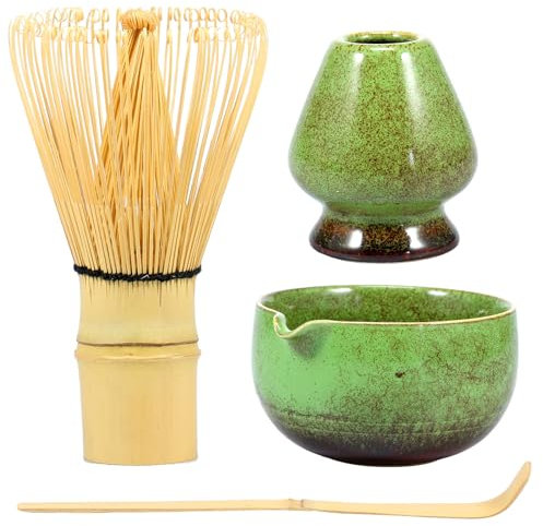 4Pcs Matcha Whisk Set, Matcha Tea Set, Reusable Matcha Making Kit with 500ml Ceramic Matcha Bowl(with Pouring Spout), Matcha Whisk and Scoop, Whisk Holder for Tea Lovers (Green(B))