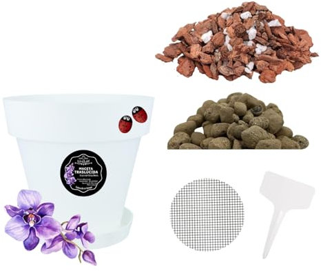 LiveLaif® Kit Transplante Orquideas: Maceta Orquidea TRASLUCIDA ⊘17cm (Agujeros y Plato) + Sutrato Orquideas Premium con Corteza de Pino, Coco, Arlita, Perlita, Vemiculita, Abono NPK + Accesorios