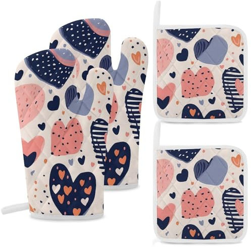 Set di 4 guanti da forno e presine con motivo a cuore e fiori, stampa a forma di cuore, resistenti al calore, guanti da forno extra lunghi e cuscinetti caldi, guanti da cucina antiscivolo, in
