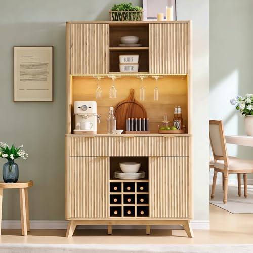 OKD 72 Tall Fluted Coffee Bar Cabinet with Ample Storage, Modern Buffet Sideboard with Glass Holder/Wine Rack/Led Lights/Charging Station, Wine Cabinet for Kitchen, Dining Room, Home Bar, Natural Oak