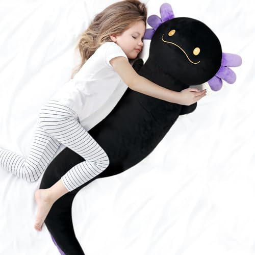 XXL Schwarzes Axolotl Kuscheltier 120 cm, Großes Leuchtendes Axolotl Plüschtier mit Leuchtenden Ohren und Schwanz, Seitenschläferkissen Kinder, Kissen Kuscheln, Festtagsgeschenk für Jungen und Mädchen