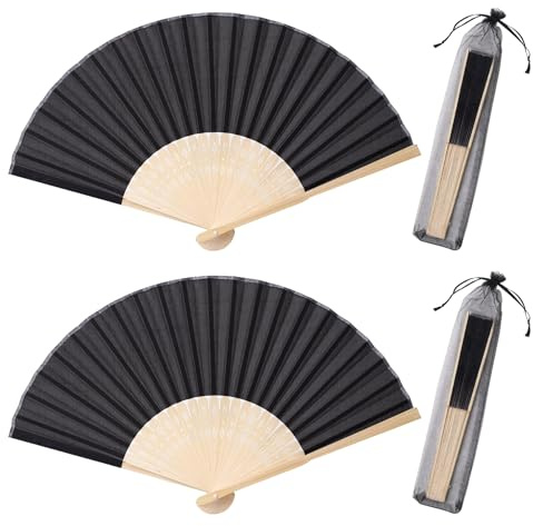 2 Stück Fächer,Handfächer,Schwarz Faltbare Fächer | Klein Handfächer aus Stoff für eine Abkühlung im Sommer,Chinesischer Fächer für Leistung,Sommer Party,tanzende,Hochzeits
