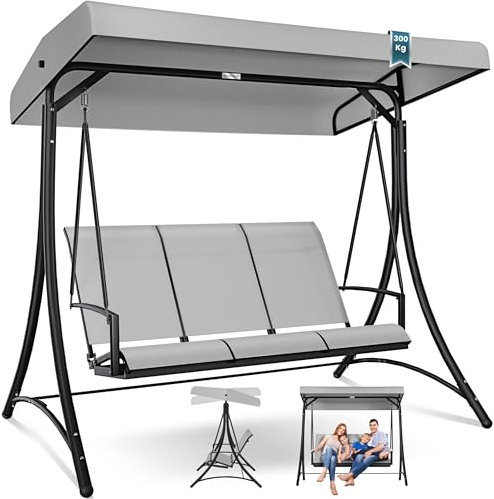 KESSER® Hollywoodschaukel mit Sonnendach 3-Sitzer | Gartenschaukel bis 300kg belastbar | Gartenliege mit Anti-Rutsch-Füßen | Schaukelbank wasserabweisend Outdoor & Indoor (Hellgrau)