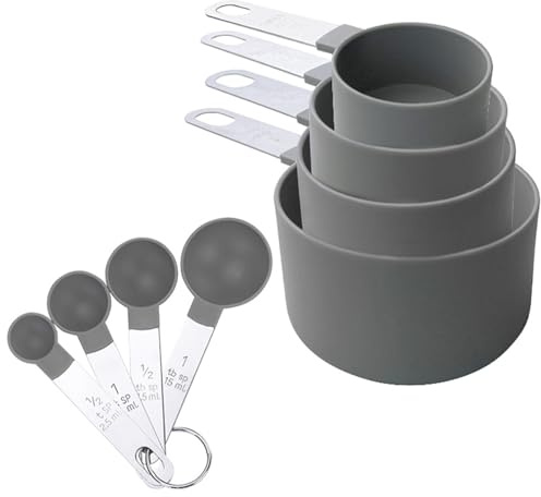 Juego de 8 tazas y cucharas medidoras, juego de cucharas medidoras, tazas medidoras para medir ingredientes secos o líquidos, utensilios de cocina para cocinar y hornear (gris)