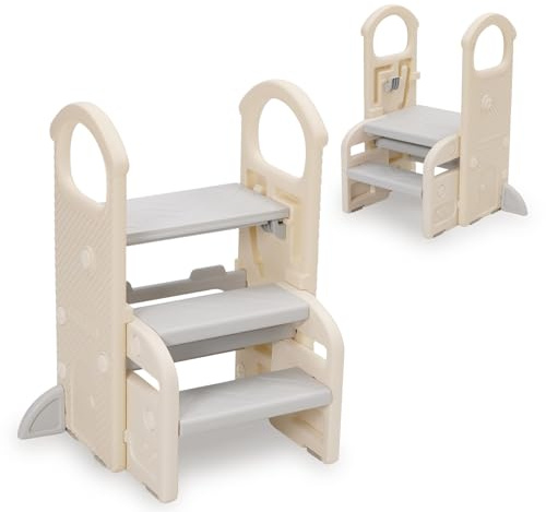 Marche Pied pour Enfant Pliable, Marchepied 3 Marches pour bébé avec Poignées, Hauteur réglable Rehausseur Stable, Multifonction Antidérapant, Idéal Salle de Bain, Chambre, Cuisine, Gris