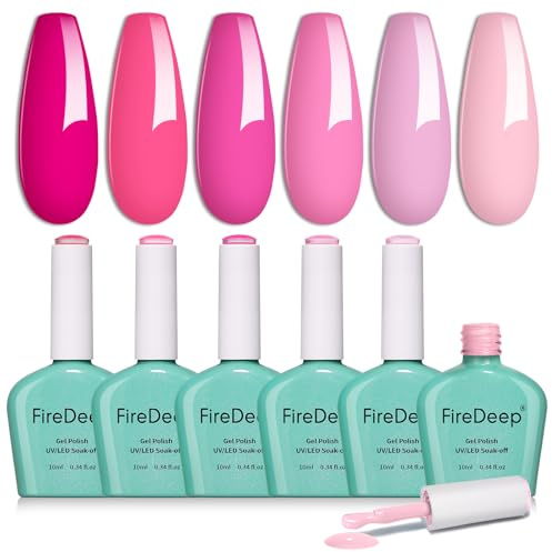 Firedeep 6 Colors Hema Free Pink Gel Nail Polish Set Light Baby Blush Hot Pink Soak Off Salon DIY Gift for Women(10ml *6)