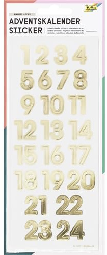 folia 15497 - Adventskalender Sticker NUMBERS GOLD, 24 Stück in gold-schimmernd, Aufkleber in Zahlenform, zum Verzieren und Dekorieren