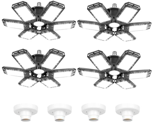 4 Pack LED Garage Lights 180W Deformable 18000LM Close to Ceiling Light Fixtures E26 E27 Screw-in Six Leaf Glow Lighting, Ultra Bright LED Shop Light with 6 Adjustable Panels for Work Shop Warehouse