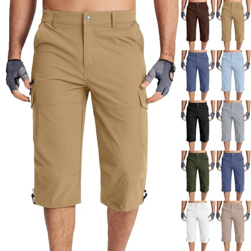 Yolimok Men's 3/4 Length Cargo Shorts Summer Outdoor Hiking Walking Combat Golf Cropped Trousers with Zip Pockets Quick Dry Breathable Stretch Cotton Chinos 3/4 Trousers Everyday Workwear