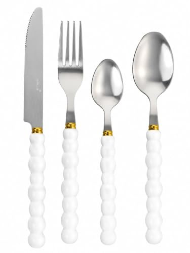 Service de Couverts 24 Pièces pour 6 Personnes, Manche Blanc Perlé | 6 Couteaux, 6 Fourchettes, 6 Cuillères de Table, 6 Cuillères à Café, Design Élégant