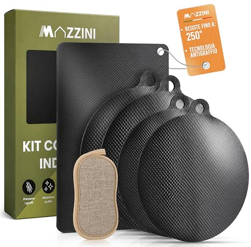 Set Protezione Piano Induzione - 5 Tappetini, 1 Spugna Cucina Antigraffio | 2 Tappetini Piano Induzione Antiscivolo Tondi da 24cm, 2 Tondi da 22cm, 1 da 23x33cm, 1 Spugna per Pulizia Piastra by MAZZINI