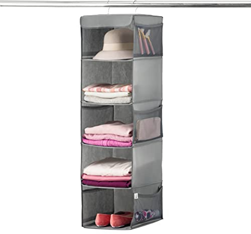 Zober 5-Shelf Hanging Closet Organizer - 6 Side Mesh Pockets Breathable Polypropylene Hanging Shelves - for Clothes Storage and Accessories, (Gray) 30.5 cm x 28.5 cm x 106.5 cm