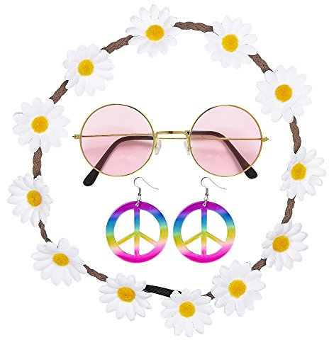 W WIDMANN MILANO Party Fashion - Hippie Accessoire Set 3-teilig | Mit Blumenhaarband, Ohrringen und Brille für Flower Power Mottoparty und Karneval