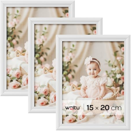 WOLTU Bilderrahmen 15x20, 3er set, Massivholz Fotorahmen mit Passepartout | Weiß, Front aus PS-Platte, Posterrahmen zum vertikalen oder horizontalen Aufhängen und Aufstellen, Collage Wanddeko