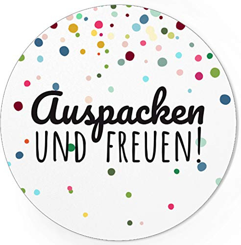 48 runde Aufkleber - Auspacken und freuen - Bunte Punkte | Moderne Sticker Etiketten Geschenk Hochzeit Überraschung Individuelles Design Weihnachten Konfetti