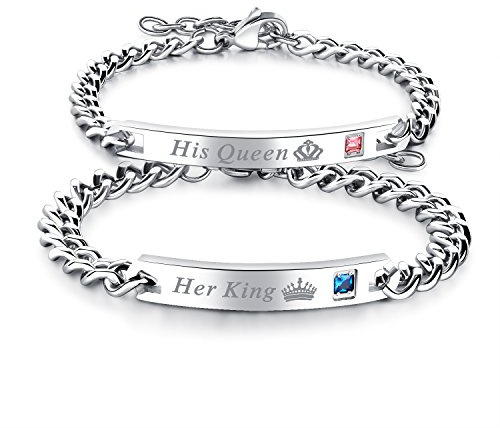 Cupimatch 2pcs King Queen Bracelets, Stainless Steel Loving Bangle Bracelet with Engraved His Queen Her King for Lover Ladies Mens, Rose Gold Silver Black (Silver) … for Fathers Day