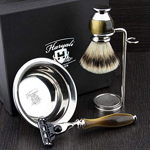 Simulierte Horn und Nickel 4 Stück Männer Rasieren Set mit Gillette Mach 3 (austauschbare Kopf) Rasierer. Neu gestaltet von HARYALI LONDON