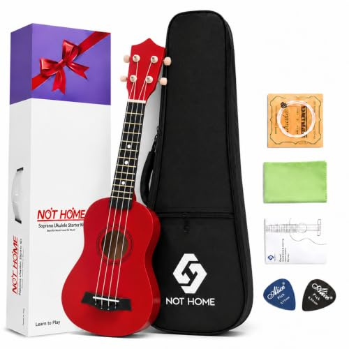 NOT HOME Sopran-Ukulele, Anfänger-Set, 53,3 cm, Lindenholz, Starter-Set mit Gigbag, Digital-Tuner, Ersatzsaiten und Plektren (rot)