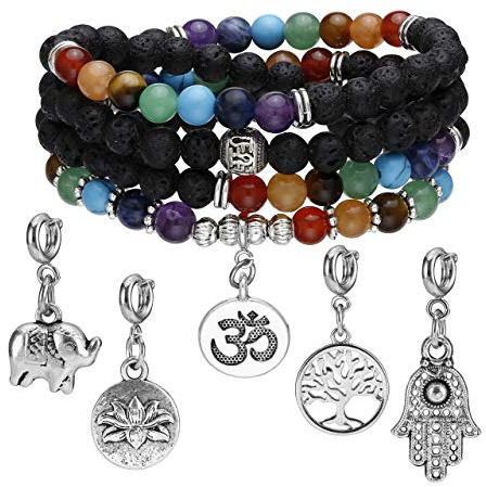 Jovivi Chapelet Bracelet 108 Perles Mala 7 Pierre Chakras Naturelle Lave avec 5 Pendentifs Arbre de Vie Lotus Éléphant Yoga Om Perles d'Energie Pierre Précieuse Tibétain Bouddhiste Unisexe