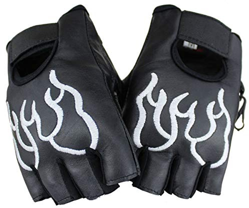 EURO STARS Biker Fingerlose Weiß Flamme Lammleder Handschuhe, Motorcycle Fingerless Leather Gloves (S, Black)