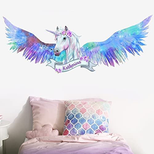 tjapalo® Vr5 Mädchen Wandtattoo Einhorn Name Wandtattoo Kinderzimmer Mädchen Name Wandtattoo Einhorn Aquarell mit Namen und Glitzer, Größe: B130xH51cm