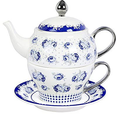 fanquare Blue Roses and Polka Dots Tea for One Set, White Porcelain Teapot Cup Set, Best Gift for Birthday or Wedding