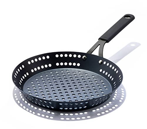 OXO Obsidian Pre-Seasoned Carbon Steel, 12 Frying Pan Skillet with Holes for Grilling with Removable Silicone Handle Holder, Induction, Oven Safe, Black