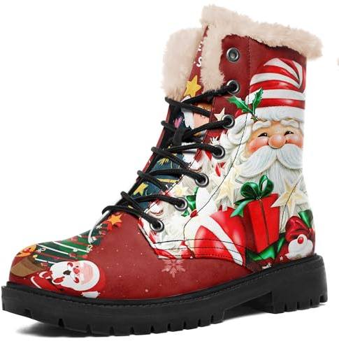 coolcustomize Winter Boots for Women, Custom Christmas Boots Santa Claus Print Ladies Fur Lined Lace up Ankle Boots Comfortable Warm Winter Snow Shoes Outdoor Xmas Gift
