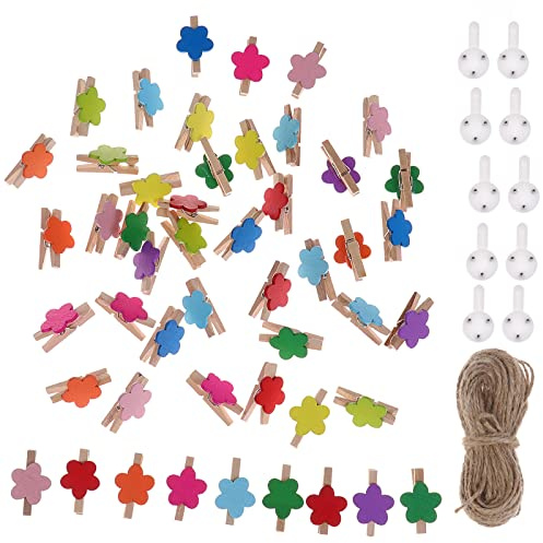 Bigood 50pcs 3.0cm Multicolore Fleur Mini Clips en Bois Pinces À Linge | pour Photo Vêtement Papier DIY Craft avec 10m Cordon 10pcs Ongles Sans Trace