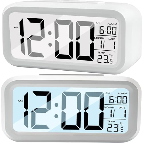 Retoo Reloj despertador digital con indicador de temperatura y pantalla LED grande, reloj de mesa para dormitorio con fecha, funciona con pilas, despertador electrónico con luz nocturna para niños,