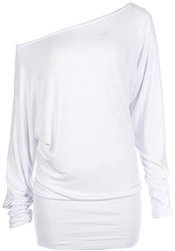 Crazy Girls Womens Long Sleeve One Off-Shoulder Plain Baggy Batwing Top UK8-24, White, ML (UK 12-14)