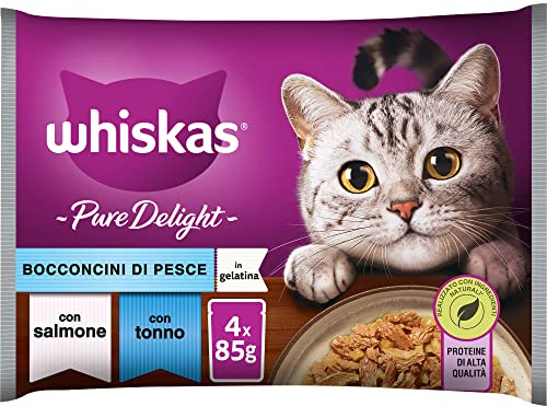 WHISKAS PURE DELIGHT Cibo Umido in Gelatina per Gatti Adulti 4x85g Bocconcini di Pesce, confezione da 13