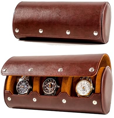 MR.OKAY 3 Watch Travel Case- Classic Leather Watch Case With Superb Texture.Portable Watch Roll Or Organizer For Storage And Display. Men's Great Gift For Traveling, 100% Handmade by Artisans.