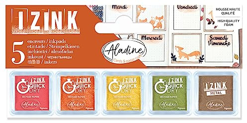 Aladine - Set mit 5 Stempelkissen im Herbstlaub – Tinte für Stempel – Kupfer, Rot, Orange, Gelb, Grün – zum Personalisieren von Einladungen, Geschenken, Menüs, Etiketten, Bullet Journal – Izink