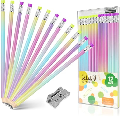 Ainiv 12 Stück HB Bleistifte, Kinder Bleistifte mit Radiergummi und Bleistiftspitzer, HB-Bleistifte aus Holz, Schwarze Mine, Graphitstifte für Kinder Studenten Erwachsene Schule Büro Hochzeit Party