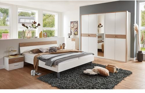 Lomadox Schlafzimmer Komplett Set 5-teilig, Bett 180x200cm, 2 Nachtschränke, 1 Kleiderschrank, 1 Kommode in weiß mit Eiche