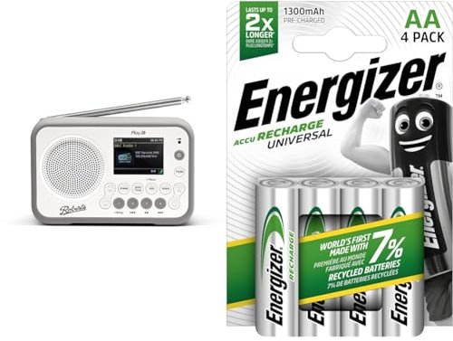 Roberts PLAY20 Compact and Portable DAB/DAB+/FM Digital Radio, Rubber-Protected, Full Colour Screen, White & Energizer Rechargeable AA Batteries, Universal Double AA, Pack of 4