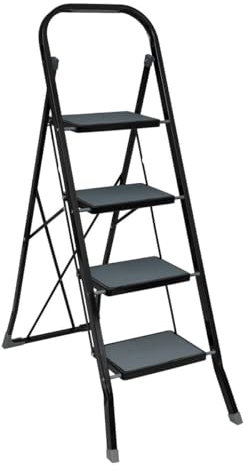 5five - Escabeau Pliable Acier 4 Marches Noir Bleu Système de Verrouillage Sécurité Surface et Pieds Antidérapants Stabilité Charge Max 150kg