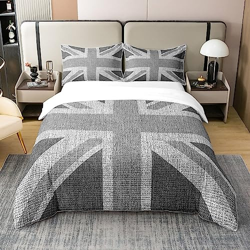 Loussiesd United 135x200cm Zipperdom Flag Union Jack Bettbezug Set 100% Baumwolle Grau UK Flag Bettwäsche Set 100% Baumwolle für Kinder Erwachsene Geometrische Daunen Alternative Weich 135x200cm