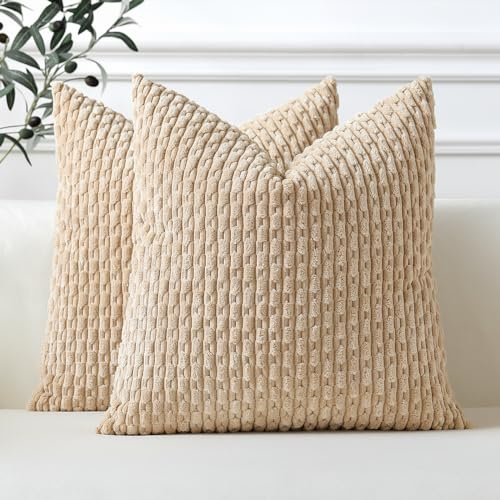 Sungeek Lot de 2 Housse de Coussin Tan 40x40 cm en Velours Côtelé, Housse Coussins Rayures Bohèmes Doux Taies d'oreiller Décoratives pour Lit Canapé Chaise Chambre Salon